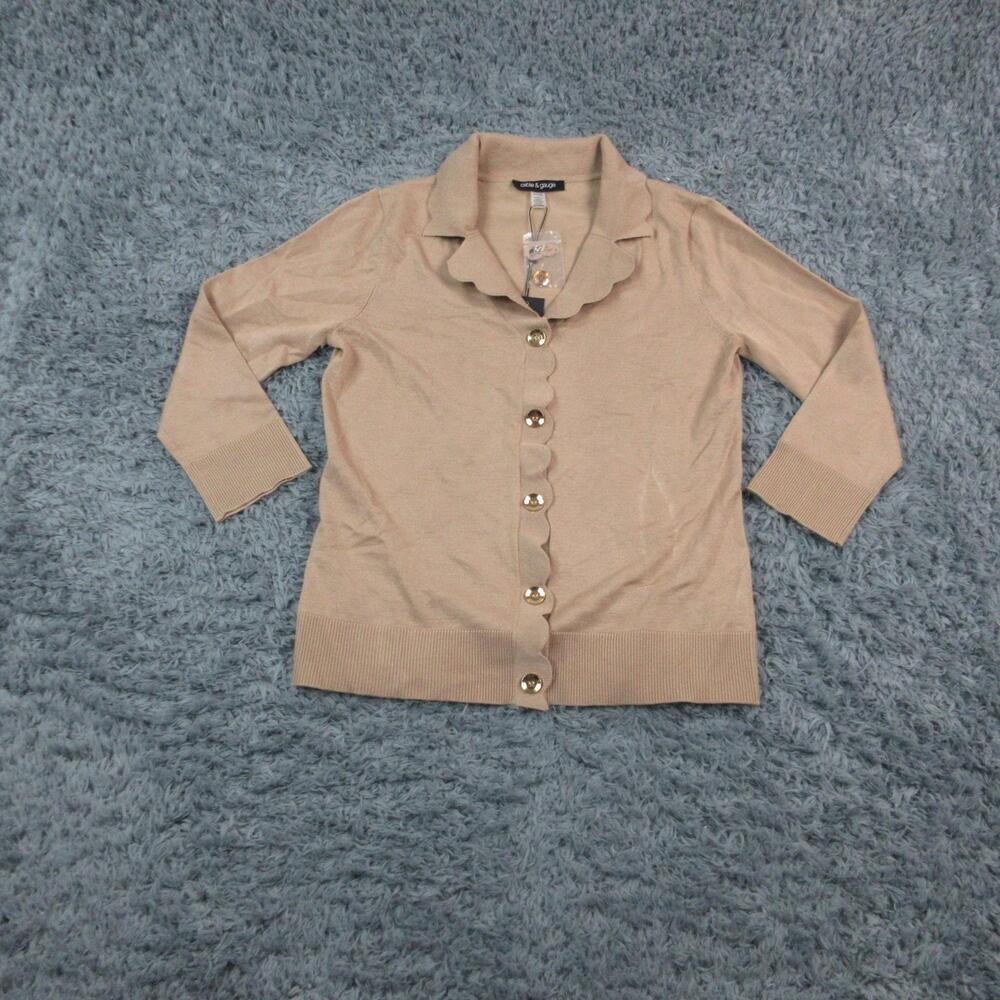 Cable & Gauge Cardigan Sweater Womens Small Beige Scallop Collar 3/4 Sleeve NWT